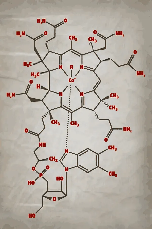 B12-Injection-Treatment An illustrated depiction of a Vitamin B12 molecule structure on an aged paper background. Receive Lipo-B12 Weight Loss Injections offered by Christine Collins, MD in Westside/Beverly Hills.