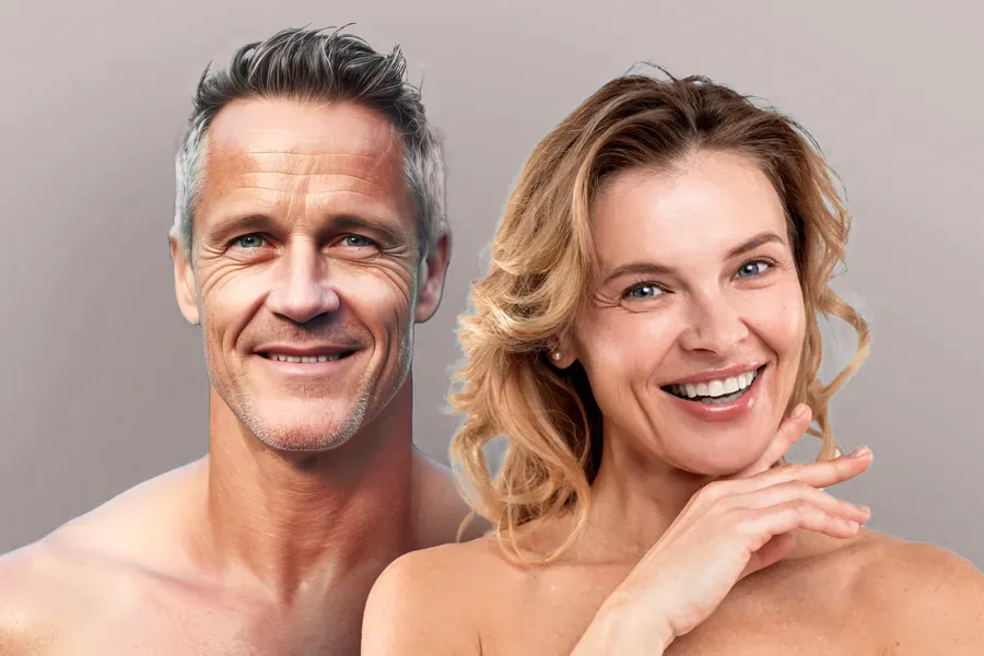 Biotin-IV-Therapy-Clinic A middle-aged couple with smooth, beautiful skin. Get Biotin IV therapy from Christine Collins, MD in Westside/Beverly Hills.