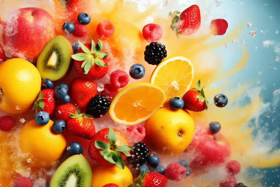 High-Dose-Vitamin-C-Clinic Illustration of vitamin infused fruits bursting. Schedule High Dose Vitamin C IV treatment from Christine Collins, MD in Westside/Beverly Hills.