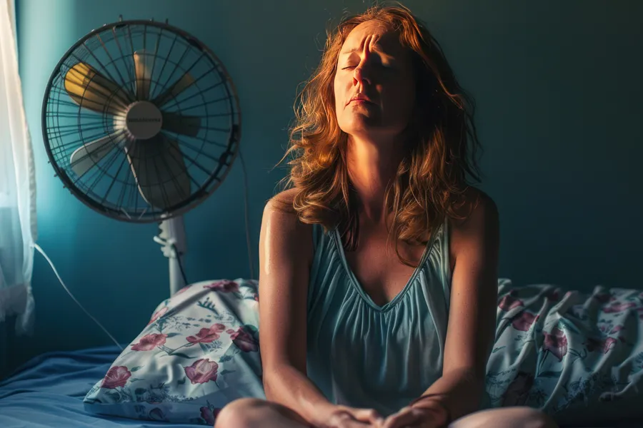 Hot-Flashes-and-Night-Sweats-Clinic A middle-aged red-haired woman sits in bed sweating with a fan behind her, unable to sleep. Get treatment for hot flashes and night sweats from Christine Collins, MD in Westside/Beverly Hills.